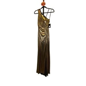 Ieena Mac Duggal Womens 0 One Shoulder Grecian Dress Metallic Liquid Gold NWT